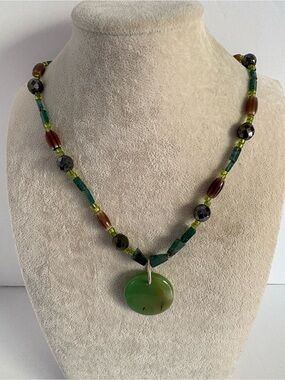 Natural Stone Pendant Necklace Green Beaded Boho Artisan Style